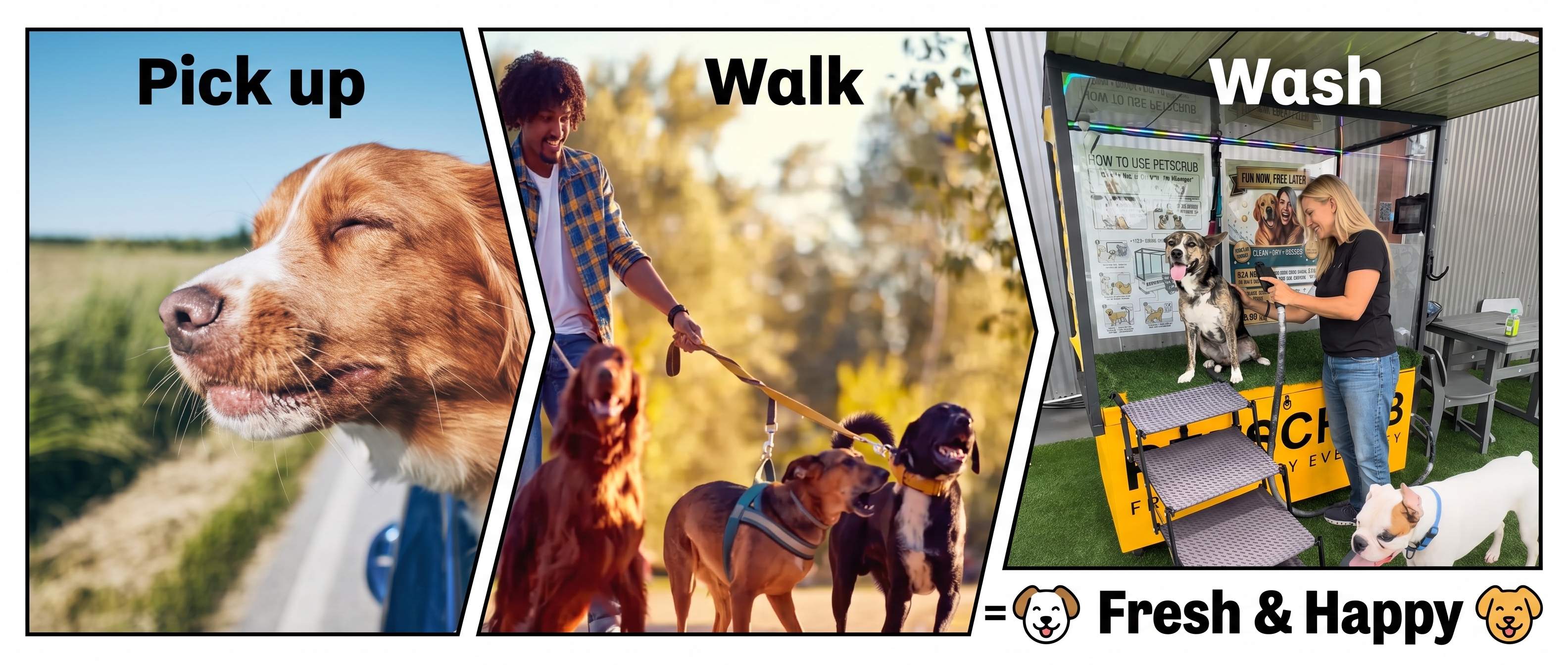 Pick up, walk, wash — a PetScrub Pro collects your dog, takes them for a walk, gives them a full wash and brings them home fresh and happy.
